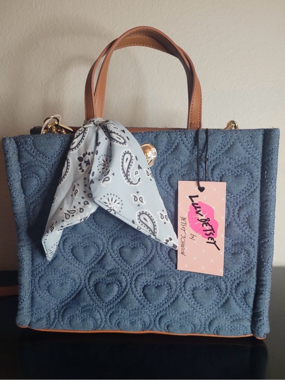 NWT Betsey Johnson Blue Quilted Heart Denim Tote with Tan Handles and Scarf - Picture 2 of 3